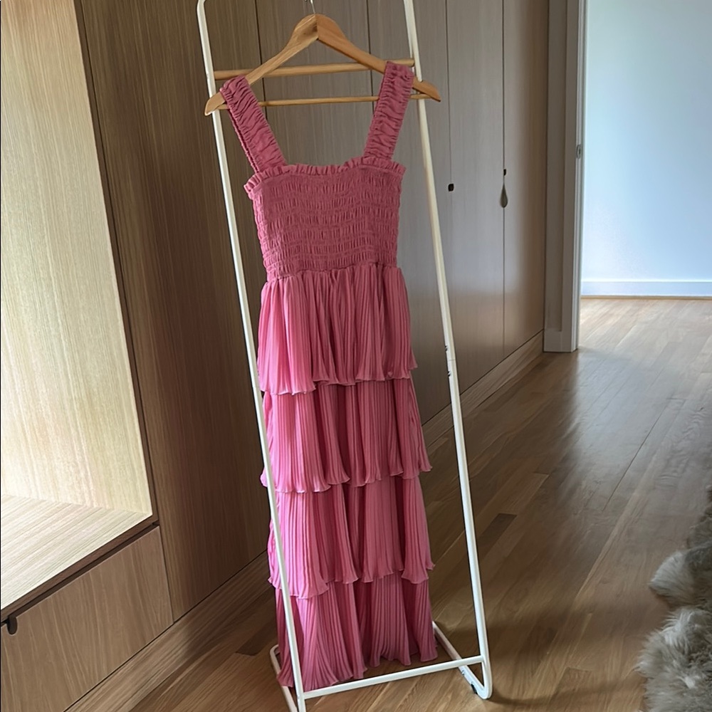 Ganni PINK PLEATED GEORGETTE FLOUNCE SMOCK MIDI DRESS